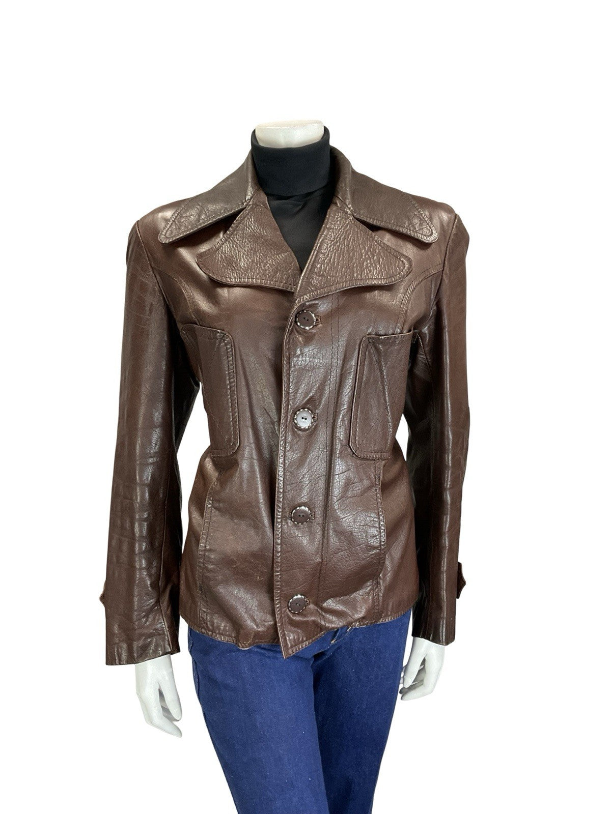 VTG 60S 70S MOD CHESTNUT BROWN LEATHER NOTCH LAPEL CROPPED JACKET W/ POCKETS 14