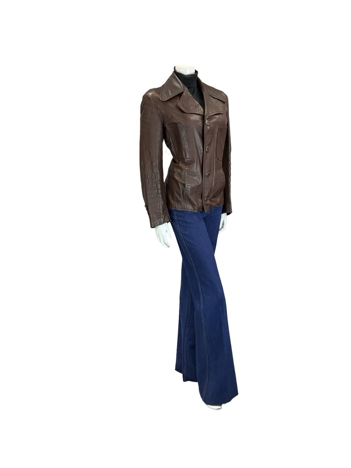 VTG 60S 70S MOD CHESTNUT BROWN LEATHER NOTCH LAPEL CROPPED JACKET W/ POCKETS 14