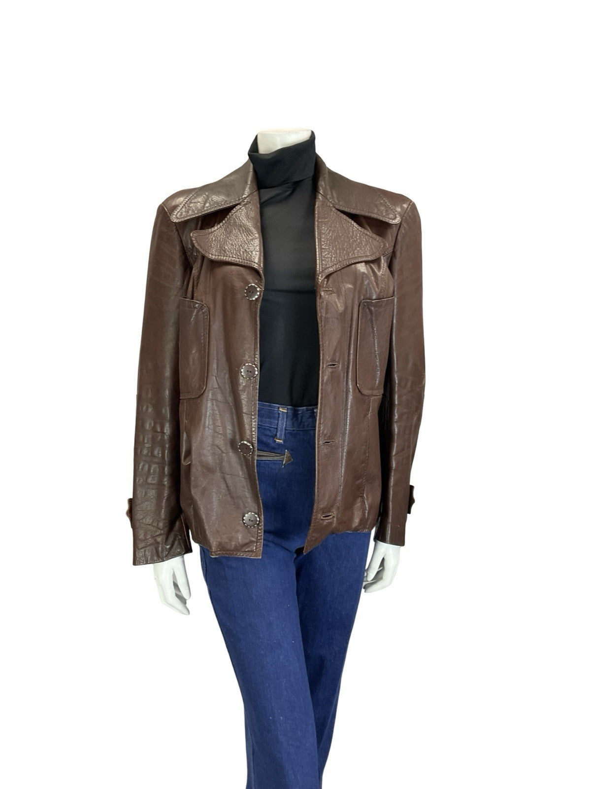 VTG 60S 70S MOD CHESTNUT BROWN LEATHER NOTCH LAPEL CROPPED JACKET W/ POCKETS 14
