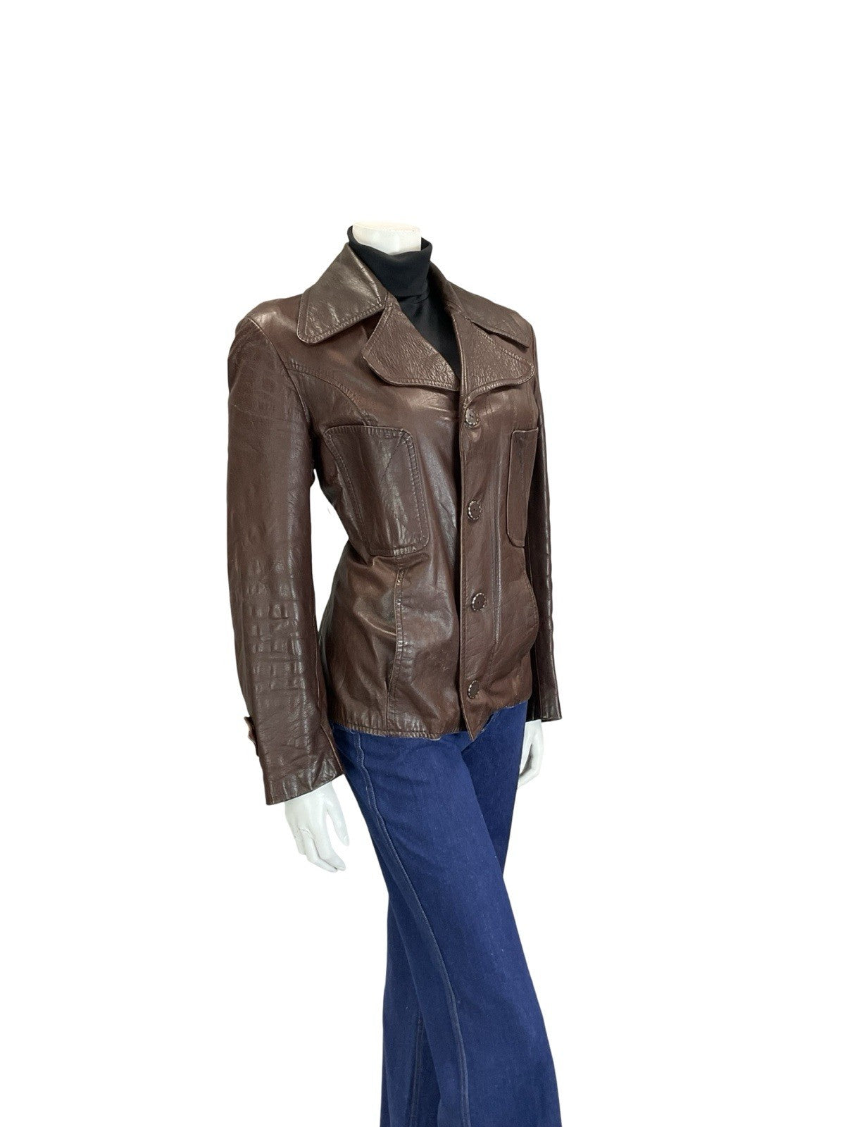 VTG 60S 70S MOD CHESTNUT BROWN LEATHER NOTCH LAPEL CROPPED JACKET W/ POCKETS 14