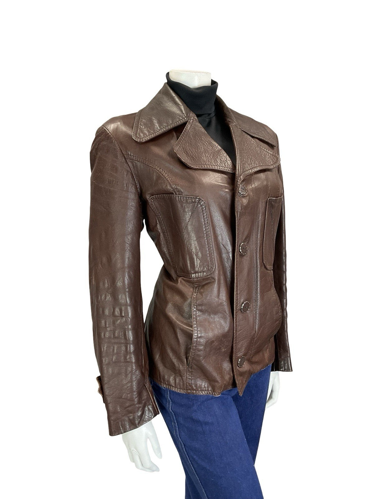 VTG 60S 70S MOD CHESTNUT BROWN LEATHER NOTCH LAPEL CROPPED JACKET W/ POCKETS 14