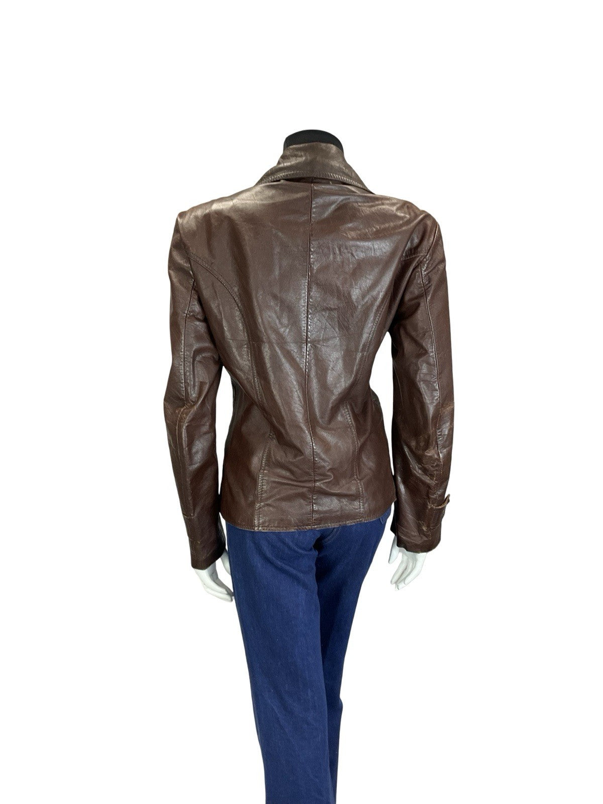 VTG 60S 70S MOD CHESTNUT BROWN LEATHER NOTCH LAPEL CROPPED JACKET W/ POCKETS 14
