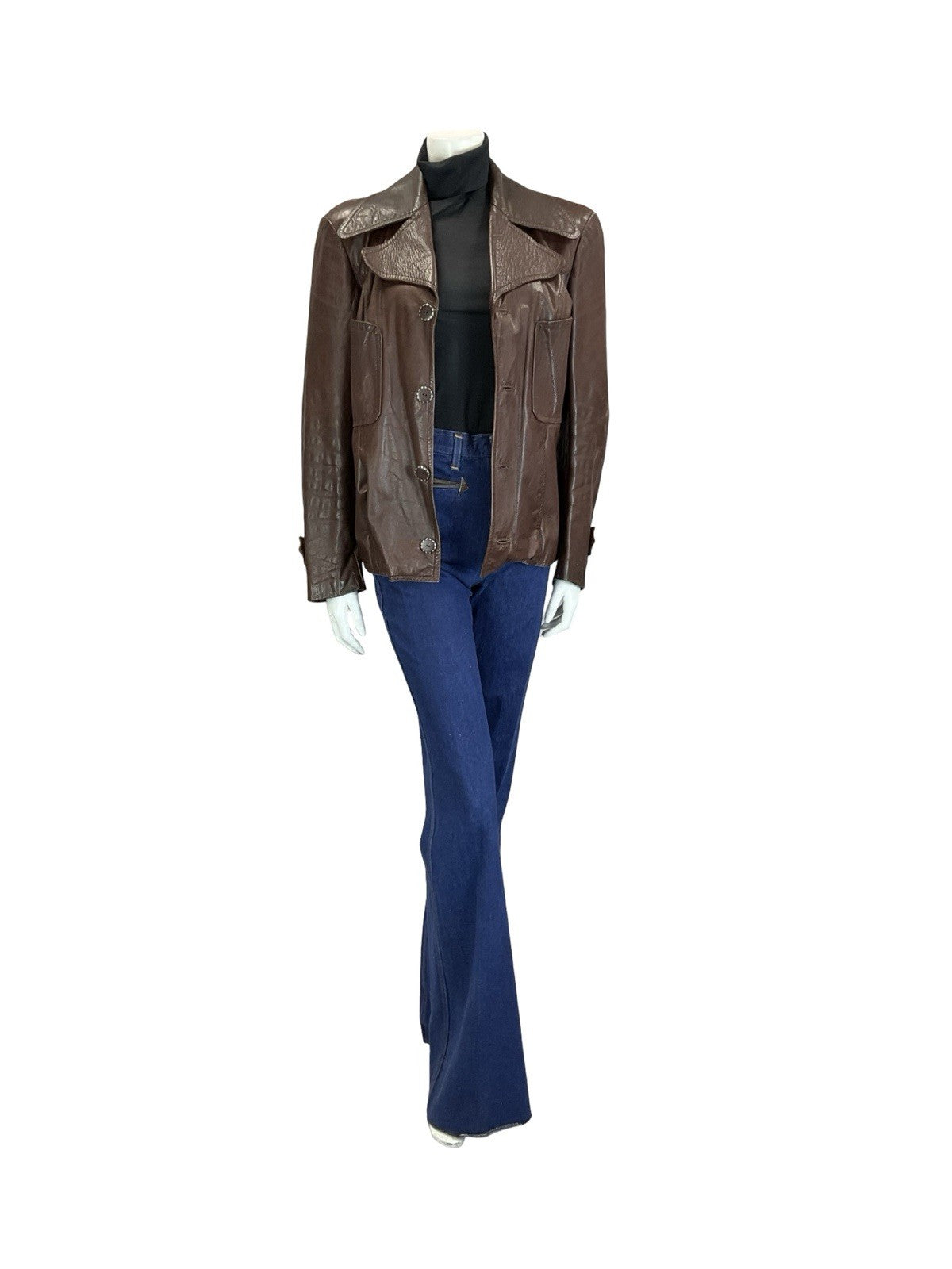 VTG 60S 70S MOD CHESTNUT BROWN LEATHER NOTCH LAPEL CROPPED JACKET W/ POCKETS 14