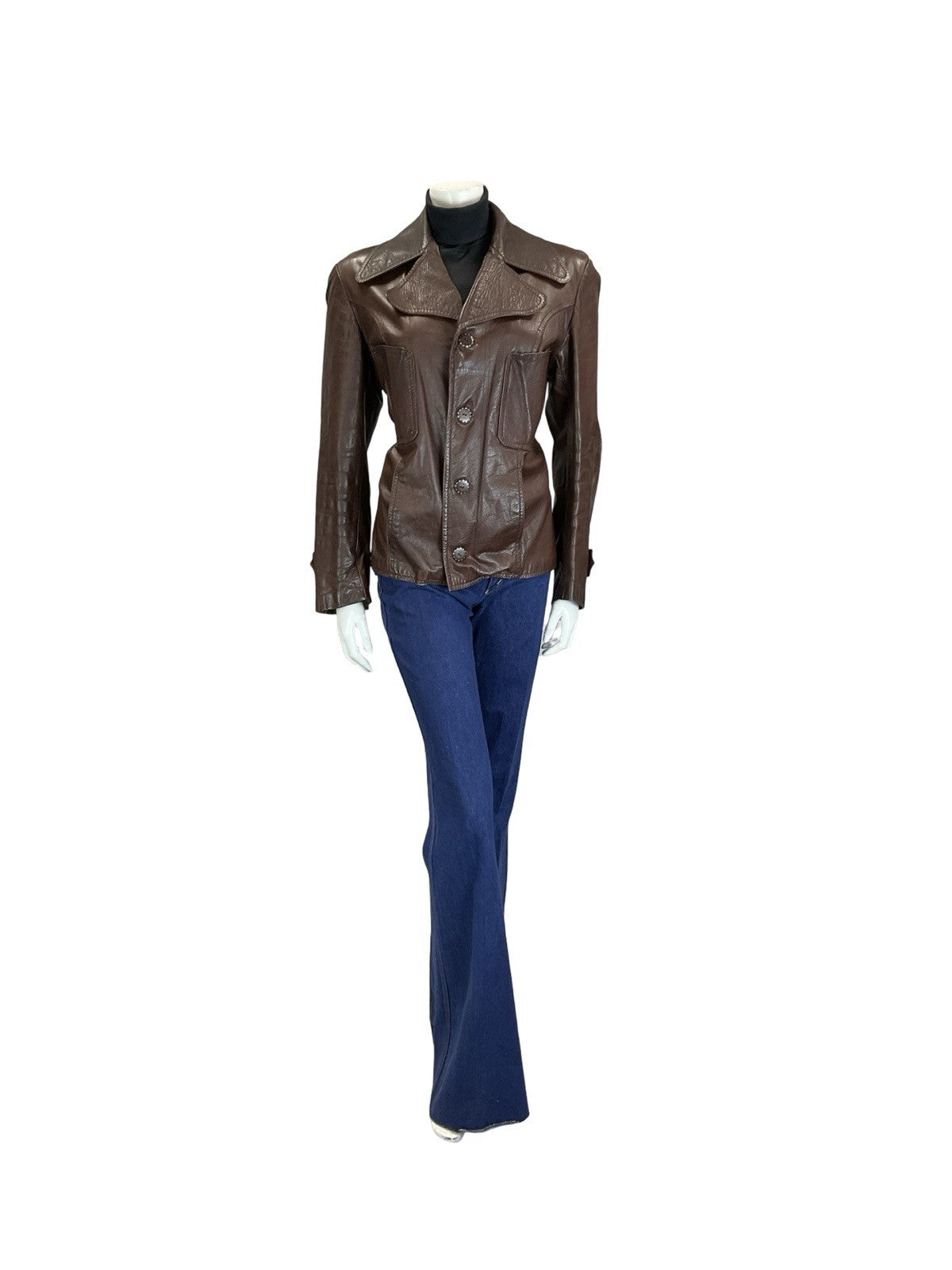 VTG 60S 70S MOD CHESTNUT BROWN LEATHER NOTCH LAPEL CROPPED JACKET W/ POCKETS 14