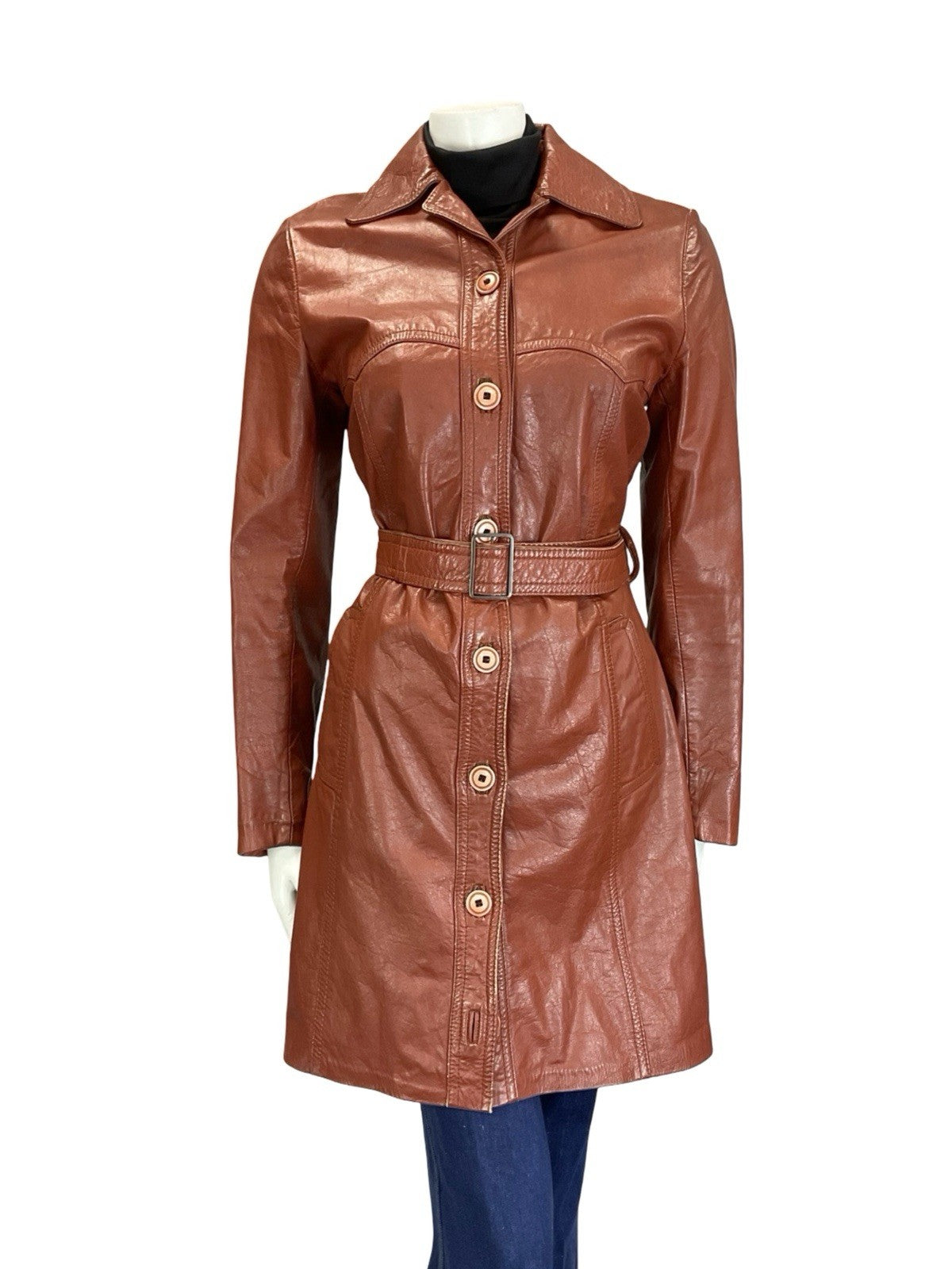 VTG 60S 70S RED BROWN MOD WESTERN YOKE BELTED LEATHER JACKET W/ POCKETS 8
