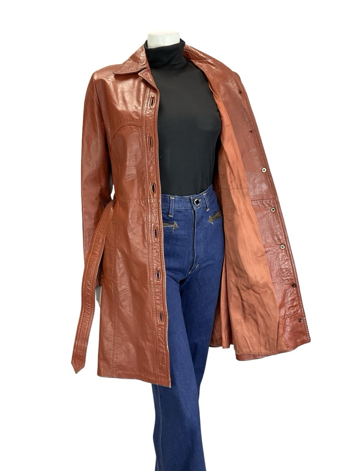 VTG 60S 70S RED BROWN MOD WESTERN YOKE BELTED LEATHER JACKET W/ POCKETS 8