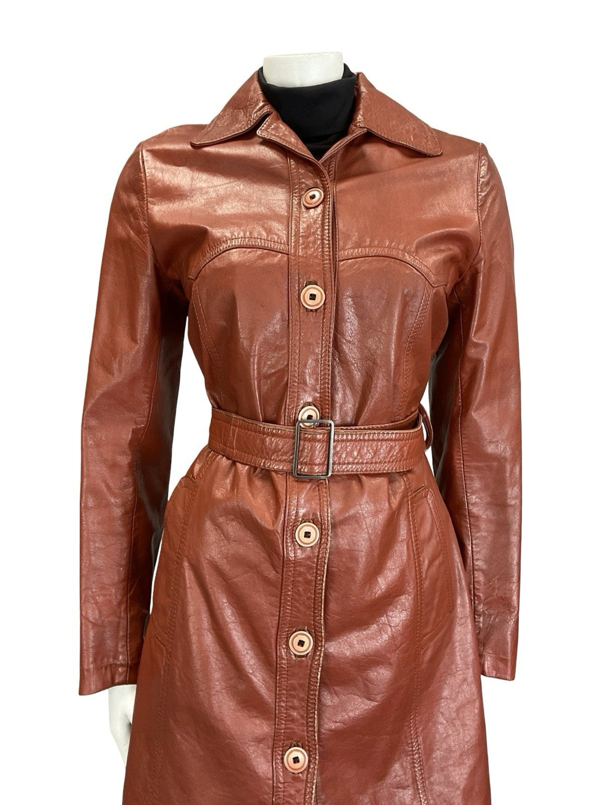 VTG 60S 70S RED BROWN MOD WESTERN YOKE BELTED LEATHER JACKET W/ POCKETS 8