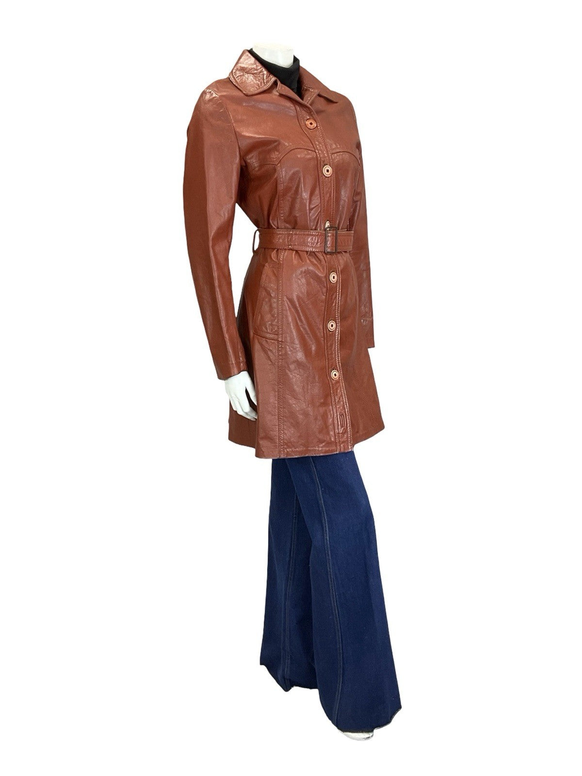 VTG 60S 70S RED BROWN MOD WESTERN YOKE BELTED LEATHER JACKET W/ POCKETS 8
