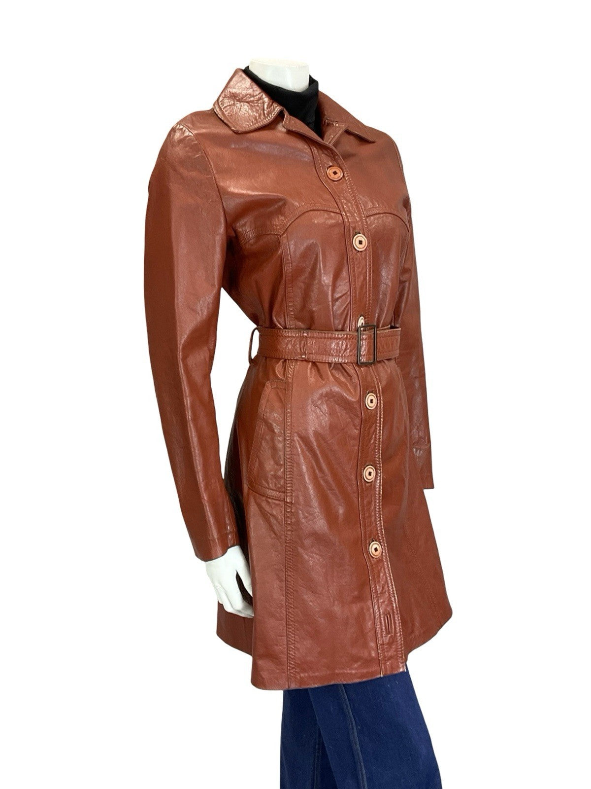 VTG 60S 70S RED BROWN MOD WESTERN YOKE BELTED LEATHER JACKET W/ POCKETS 8