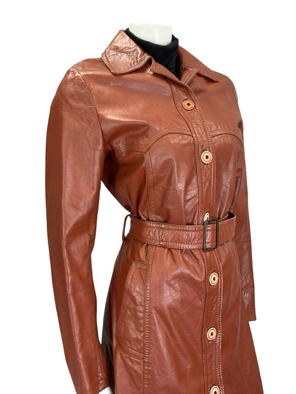 VTG 60S 70S RED BROWN MOD WESTERN YOKE BELTED LEATHER JACKET W/ POCKETS 8