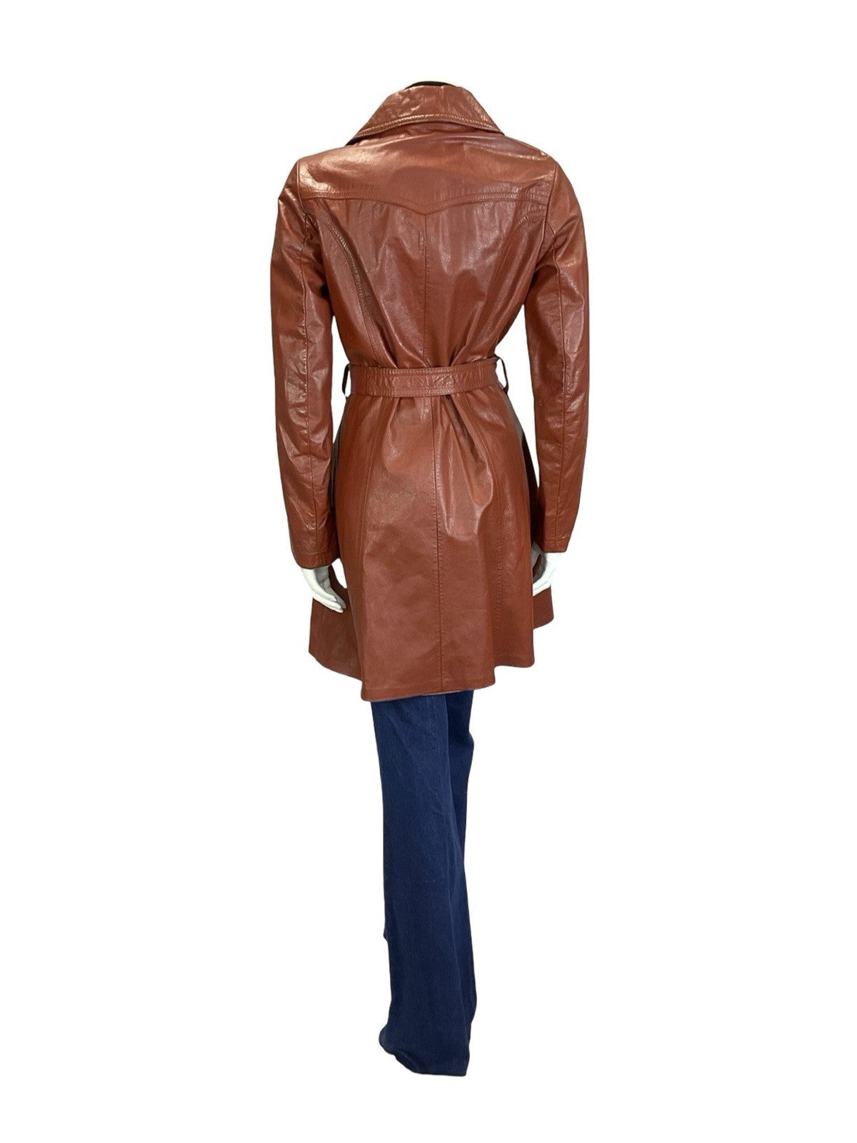 VTG 60S 70S RED BROWN MOD WESTERN YOKE BELTED LEATHER JACKET W/ POCKETS 8