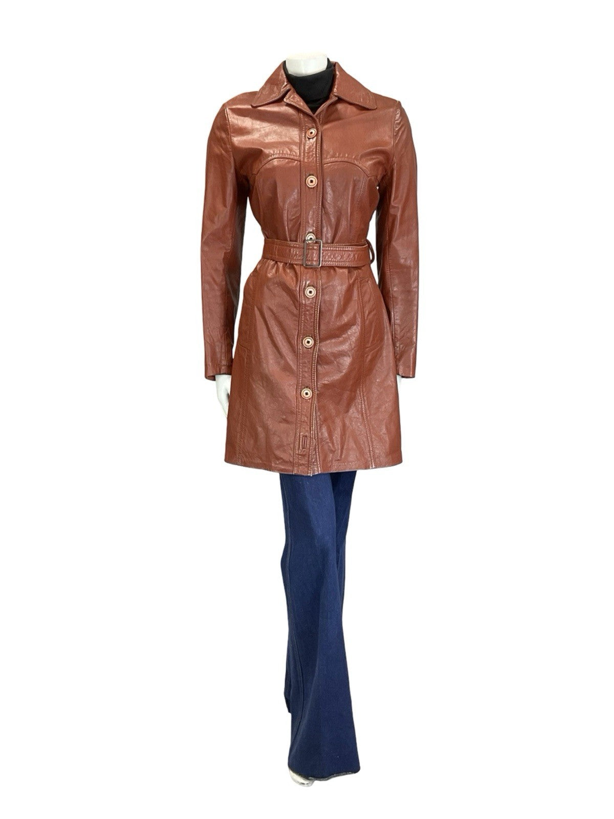 VTG 60S 70S RED BROWN MOD WESTERN YOKE BELTED LEATHER JACKET W/ POCKETS 8