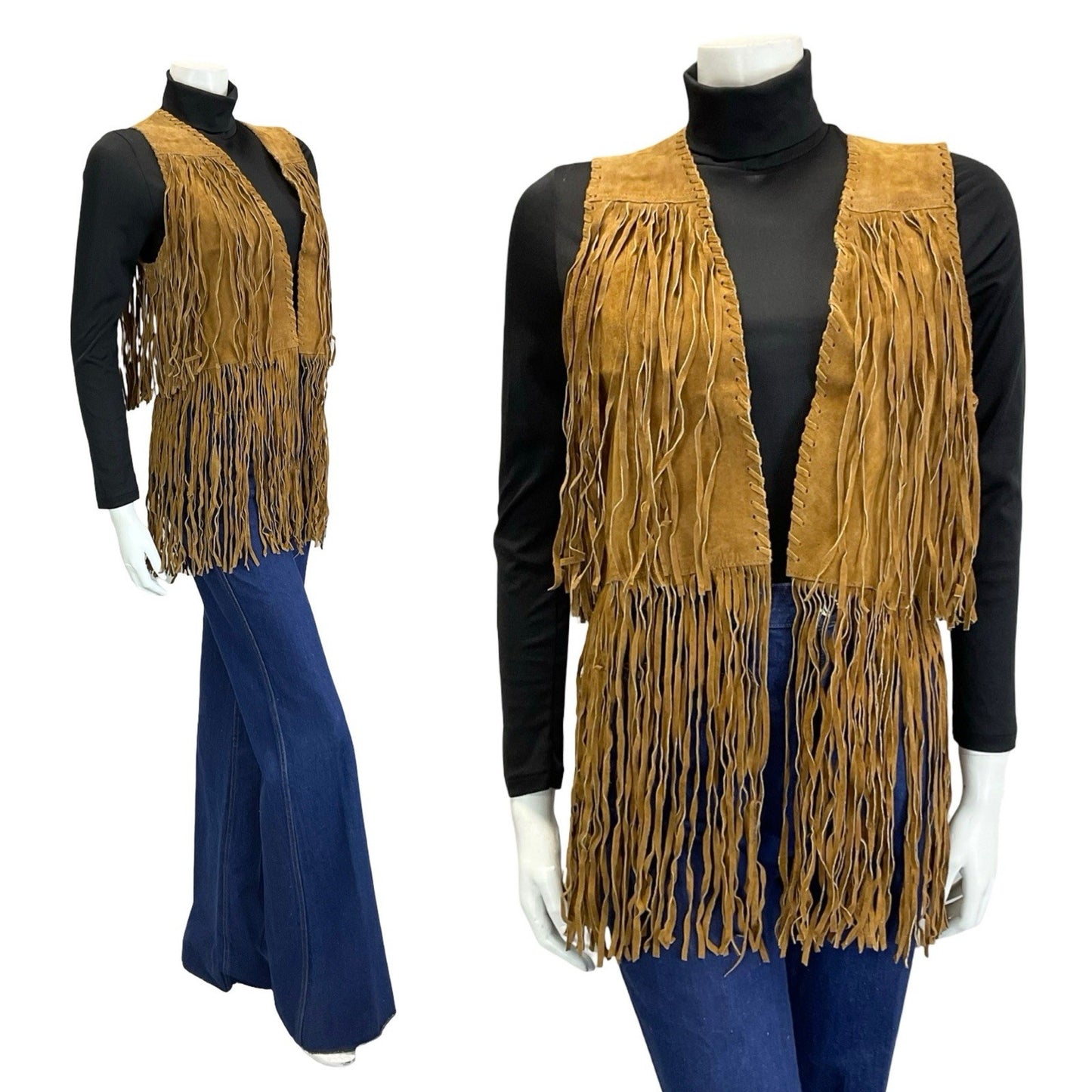 VTG 60S 70S TAN BROWN LEATHER FRINGE BOHO HIPPY FESTIVAL OPEN WAISTCOAT 8 10 S