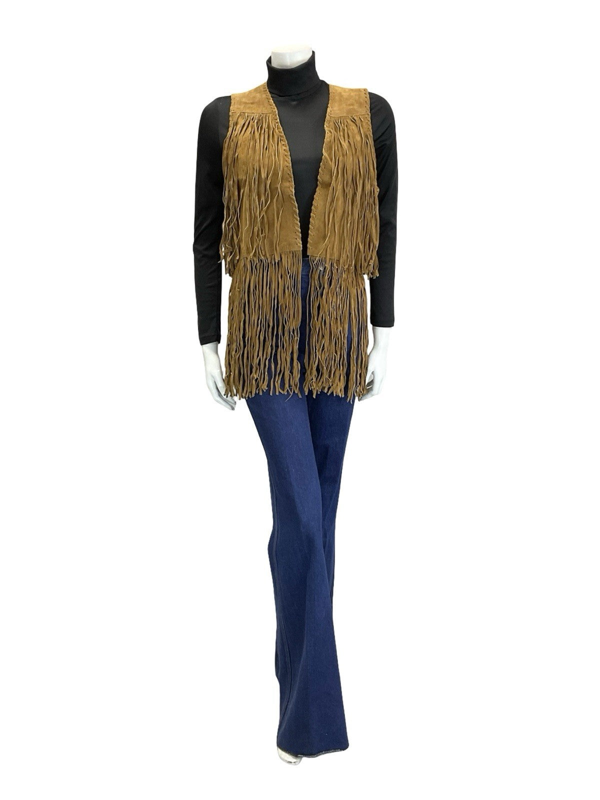 VTG 60S 70S TAN BROWN LEATHER FRINGE BOHO HIPPY FESTIVAL OPEN WAISTCOAT 8 10 S