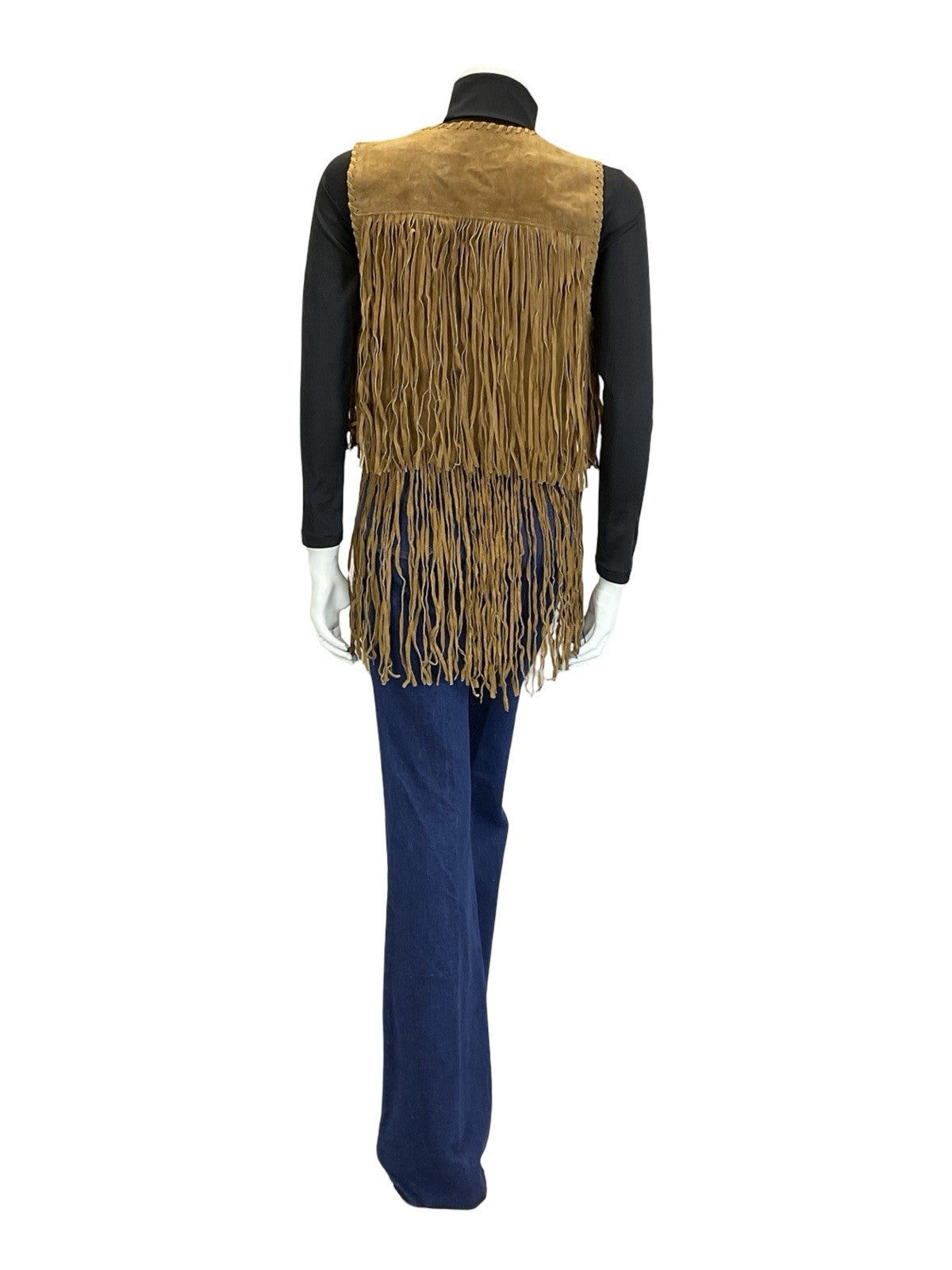 VTG 60S 70S TAN BROWN LEATHER FRINGE BOHO HIPPY FESTIVAL OPEN WAISTCOAT 8 10 S