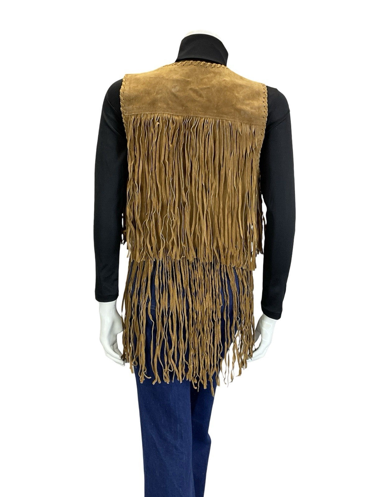 VTG 60S 70S TAN BROWN LEATHER FRINGE BOHO HIPPY FESTIVAL OPEN WAISTCOAT 8 10 S