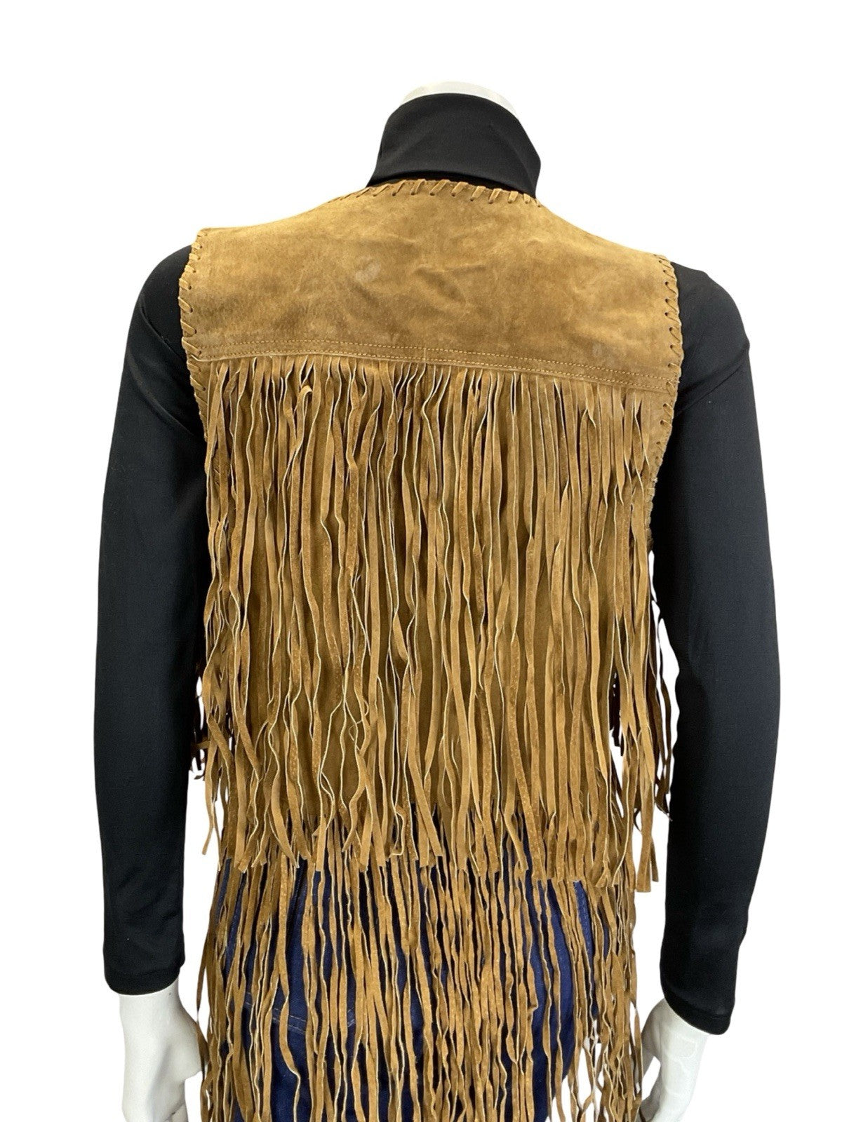 VTG 60S 70S TAN BROWN LEATHER FRINGE BOHO HIPPY FESTIVAL OPEN WAISTCOAT 8 10 S