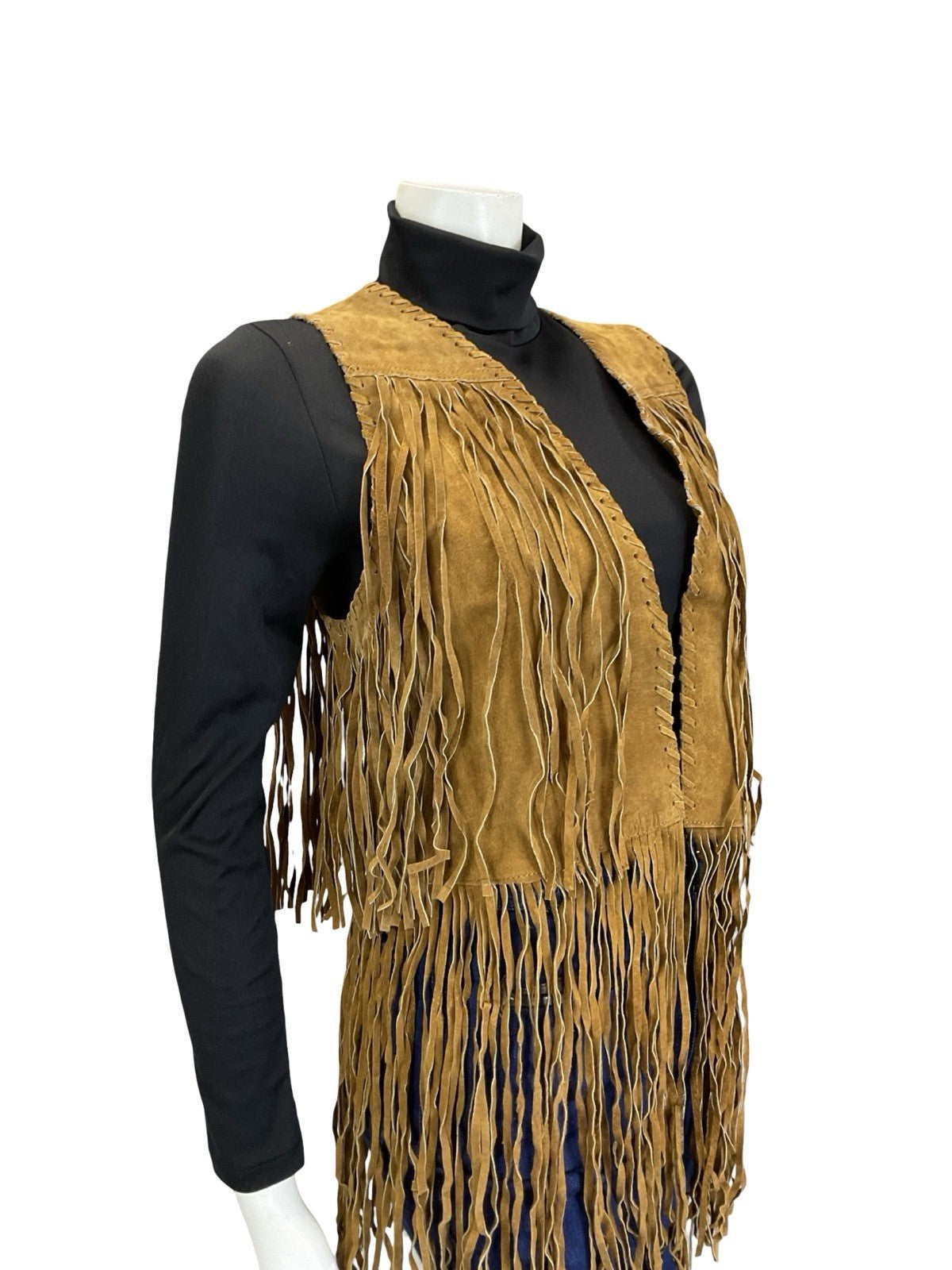 VTG 60S 70S TAN BROWN LEATHER FRINGE BOHO HIPPY FESTIVAL OPEN WAISTCOAT 8 10 S
