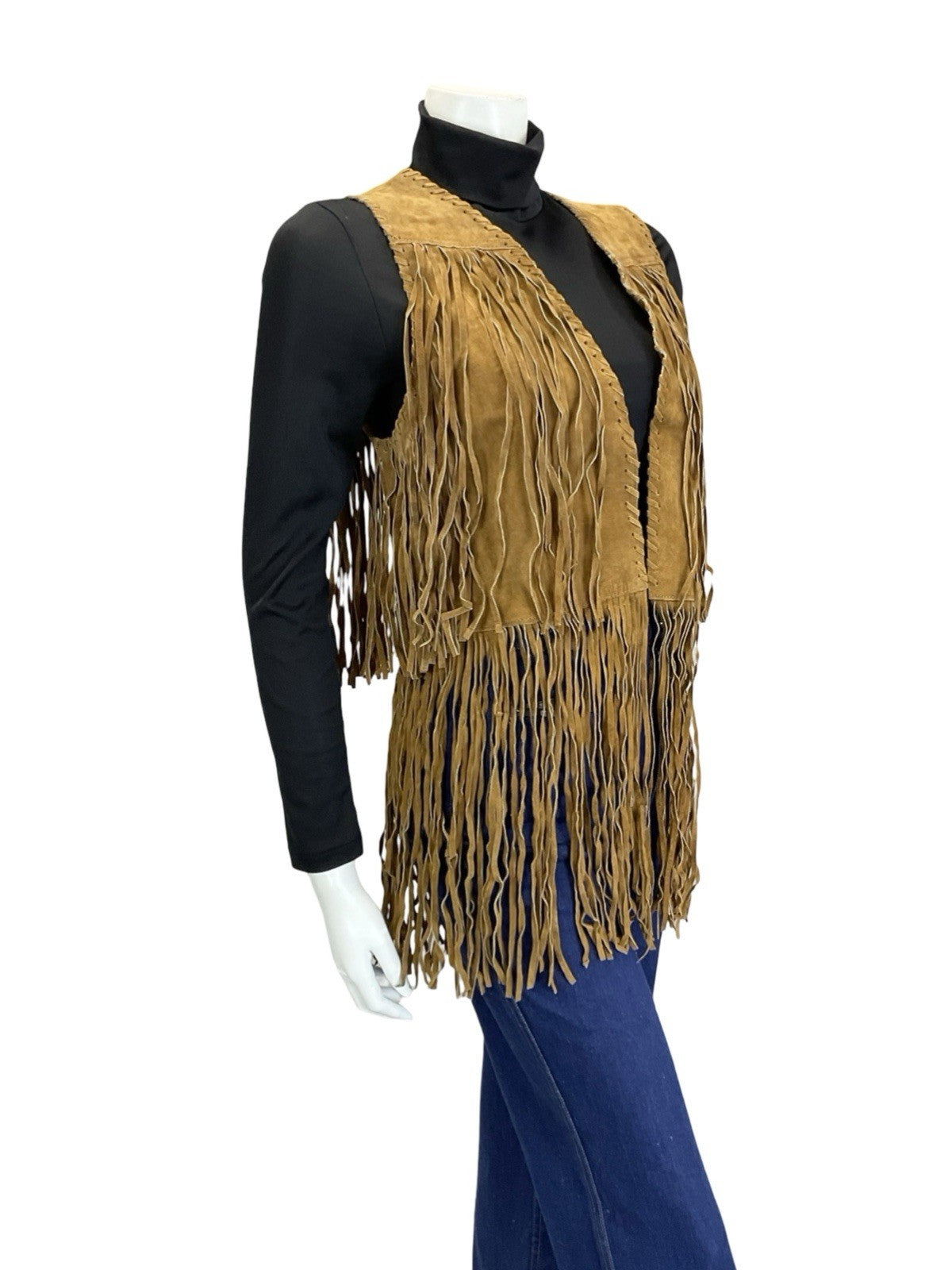 VTG 60S 70S TAN BROWN LEATHER FRINGE BOHO HIPPY FESTIVAL OPEN WAISTCOAT 8 10 S