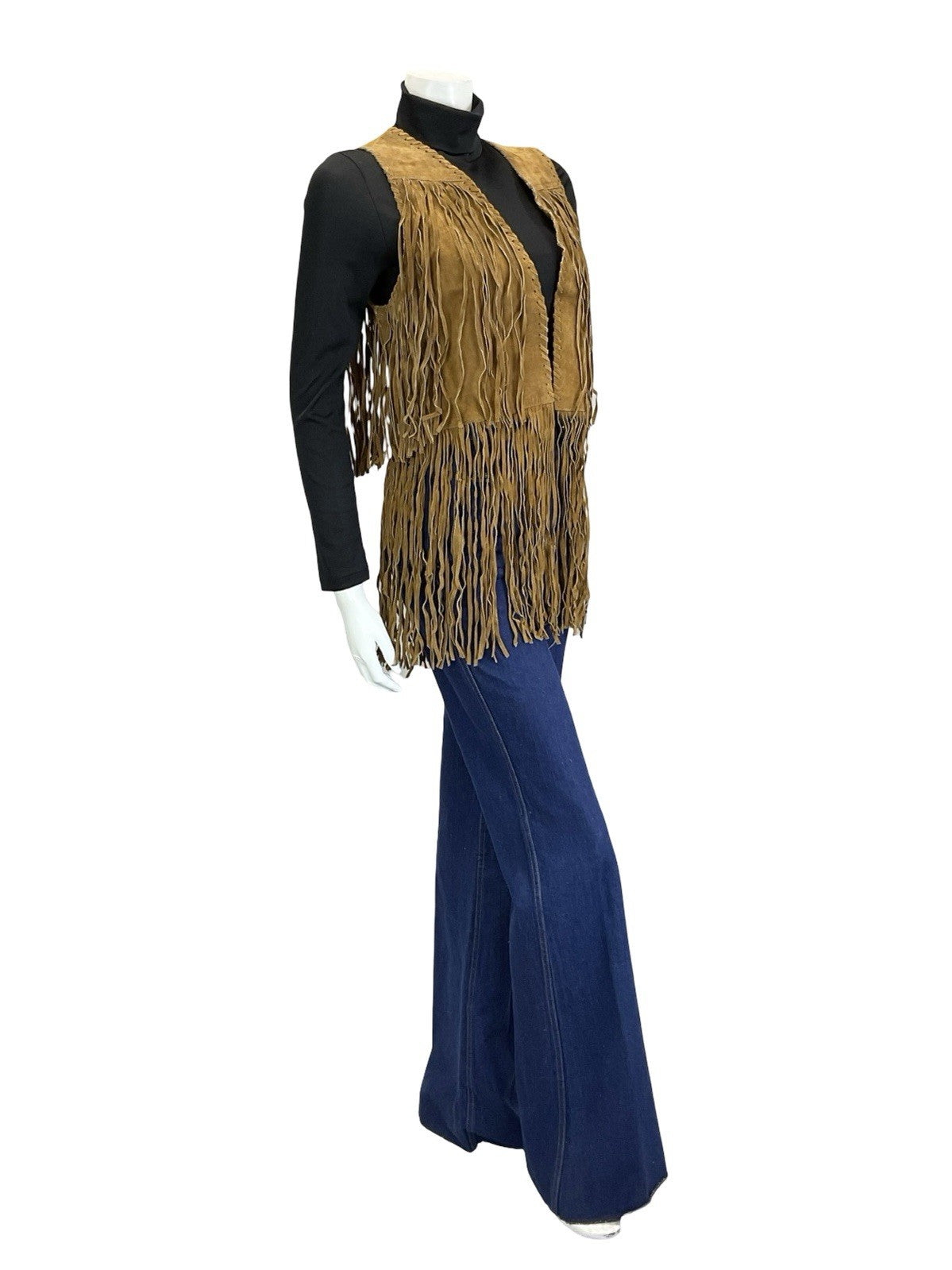 VTG 60S 70S TAN BROWN LEATHER FRINGE BOHO HIPPY FESTIVAL OPEN WAISTCOAT 8 10 S