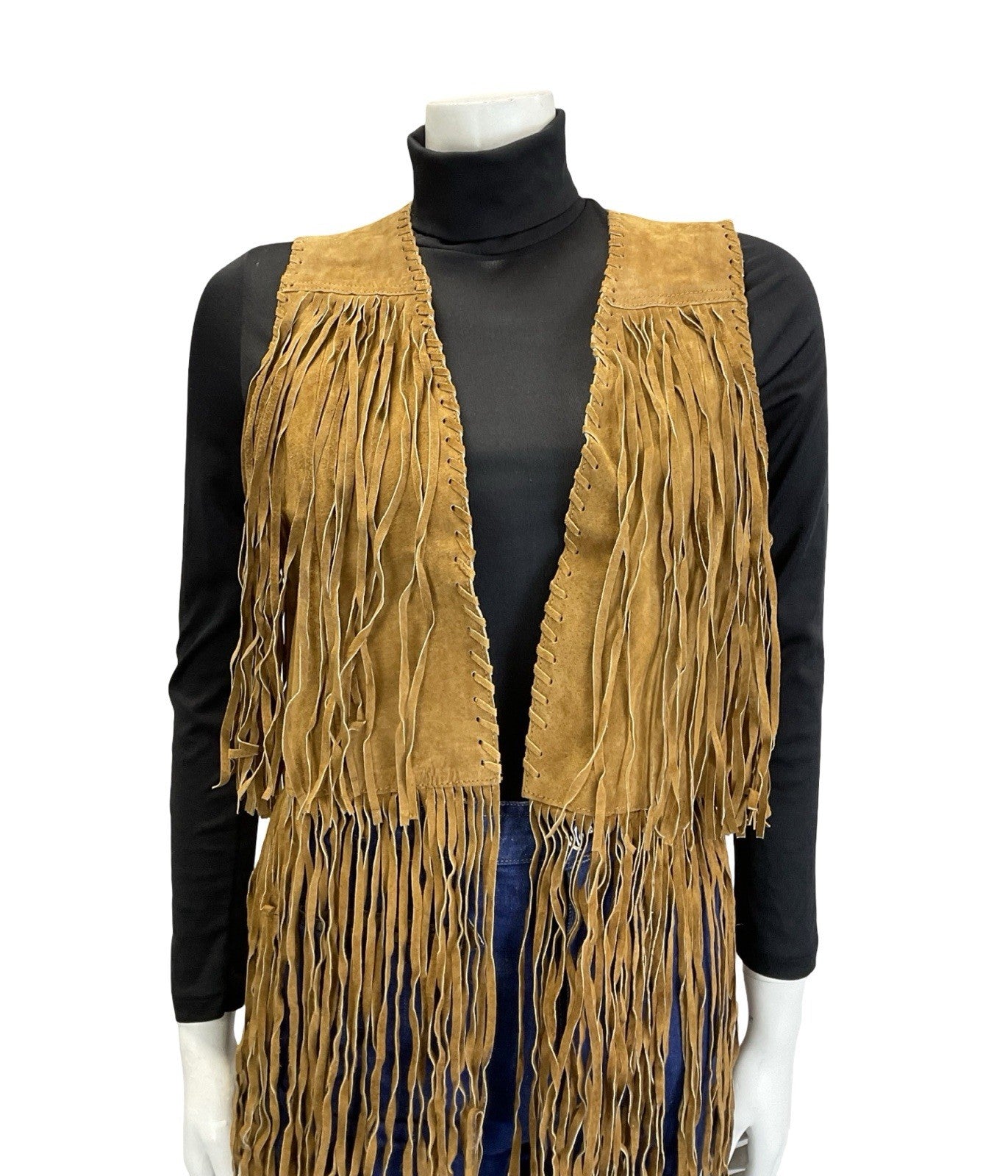 VTG 60S 70S TAN BROWN LEATHER FRINGE BOHO HIPPY FESTIVAL OPEN WAISTCOAT 8 10 S