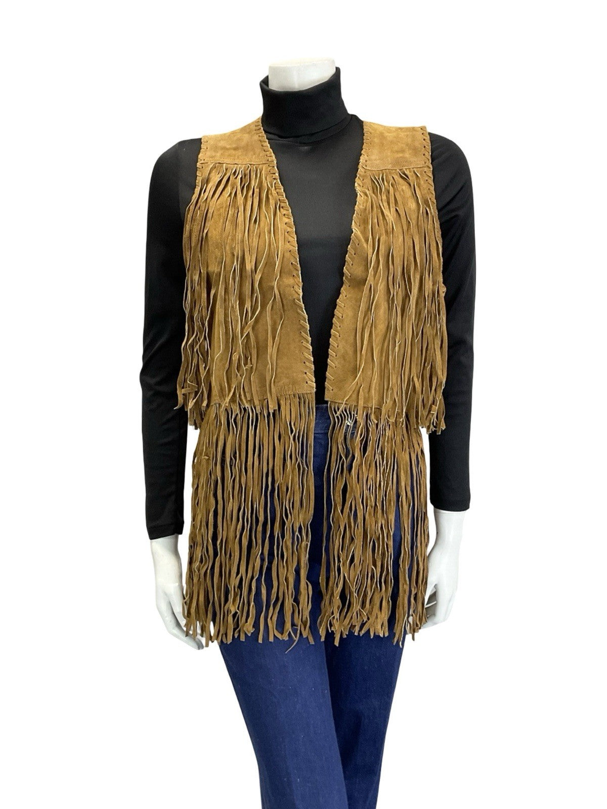 VTG 60S 70S TAN BROWN LEATHER FRINGE BOHO HIPPY FESTIVAL OPEN WAISTCOAT 8 10 S