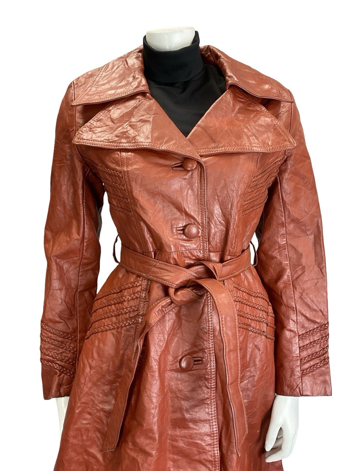 VTG 60S 70S RED BROWN BOHO WESTERN LEATHER PLAITED TRENCH MAC COAT JACKET 10