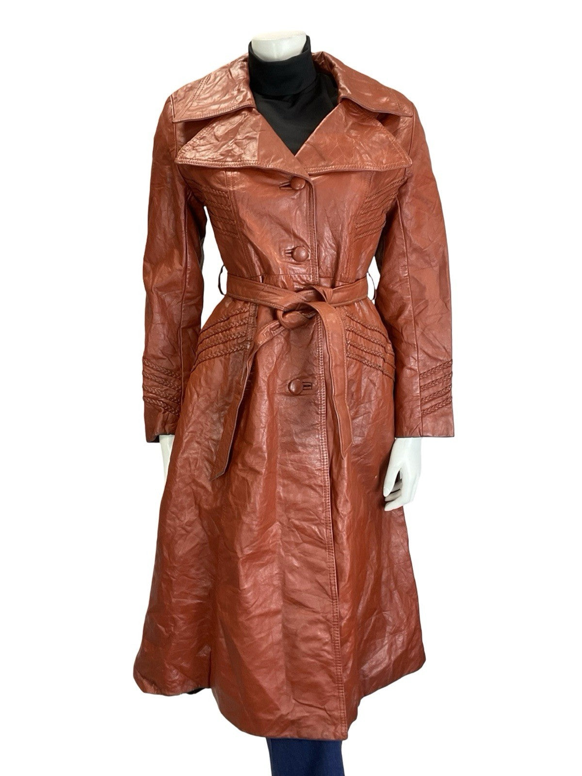 VTG 60S 70S RED BROWN BOHO WESTERN LEATHER PLAITED TRENCH MAC COAT JACKET 10