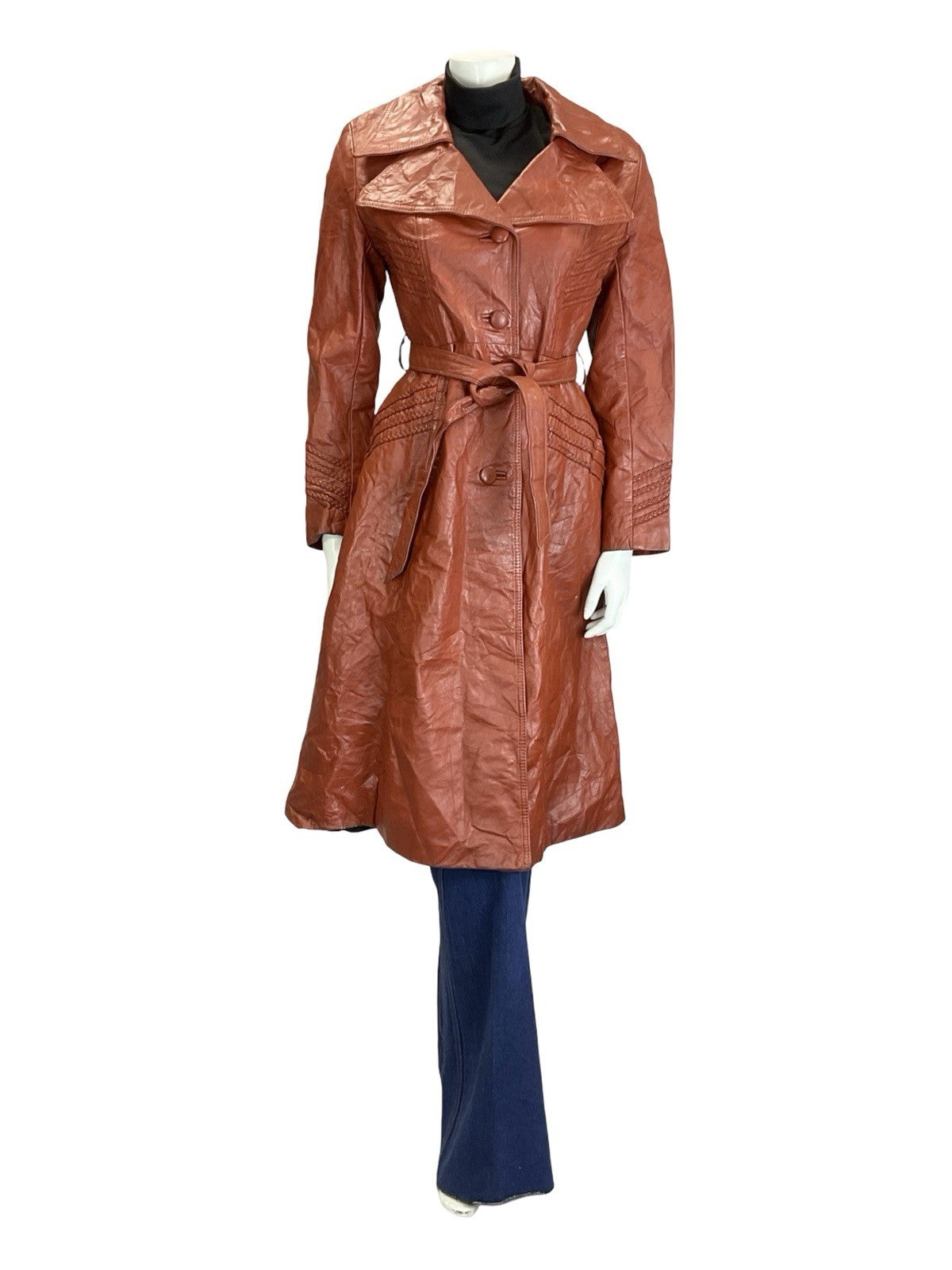 VTG 60S 70S RED BROWN BOHO WESTERN LEATHER PLAITED TRENCH MAC COAT JACKET 10