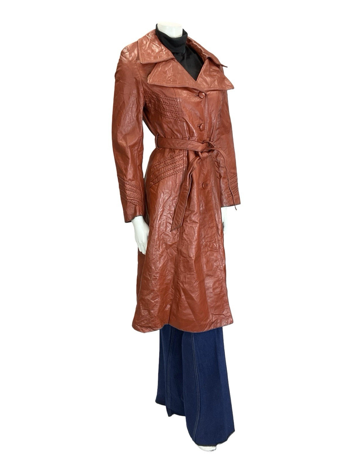 VTG 60S 70S RED BROWN BOHO WESTERN LEATHER PLAITED TRENCH MAC COAT JACKET 10