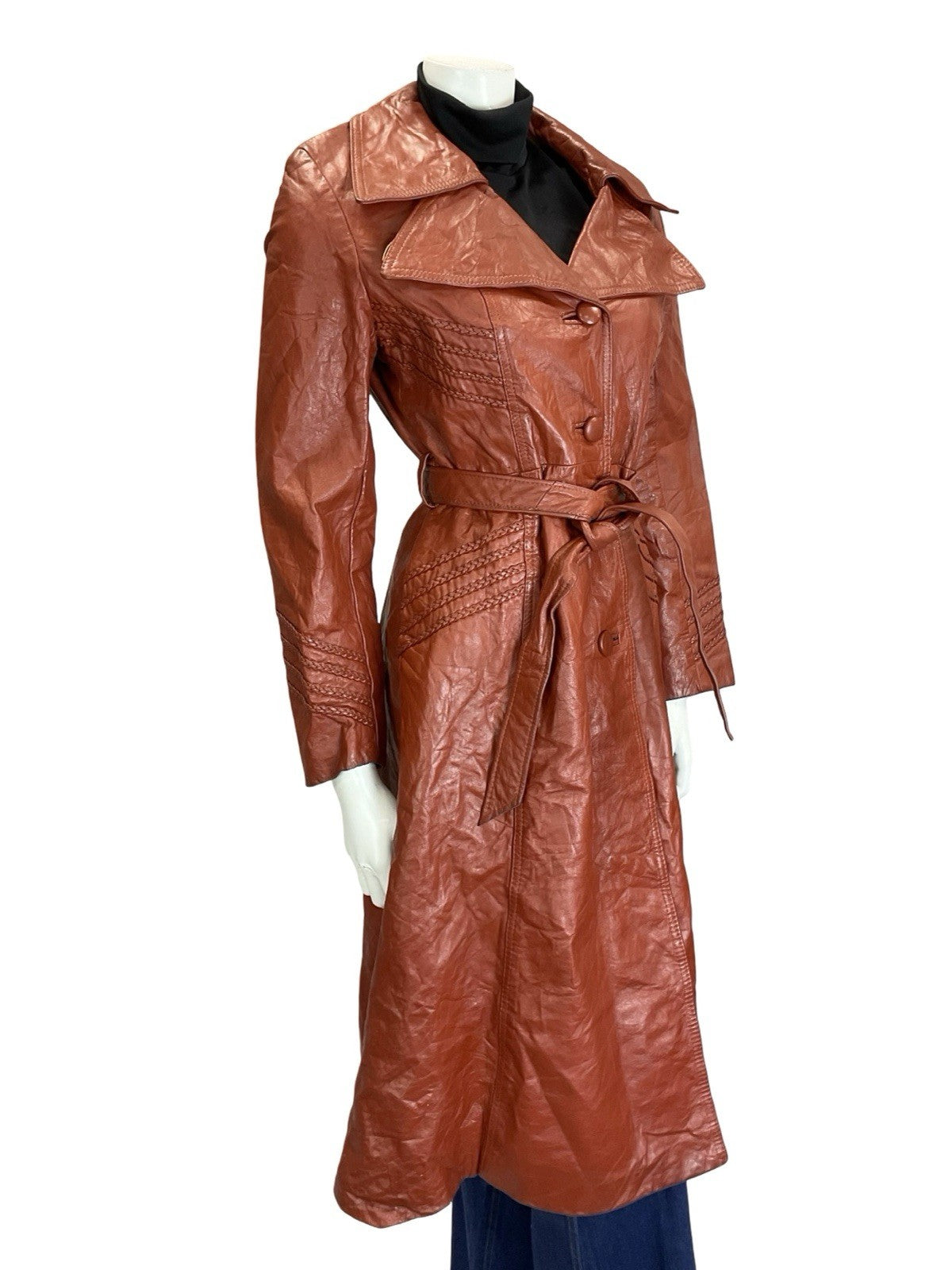 VTG 60S 70S RED BROWN BOHO WESTERN LEATHER PLAITED TRENCH MAC COAT JACKET 10