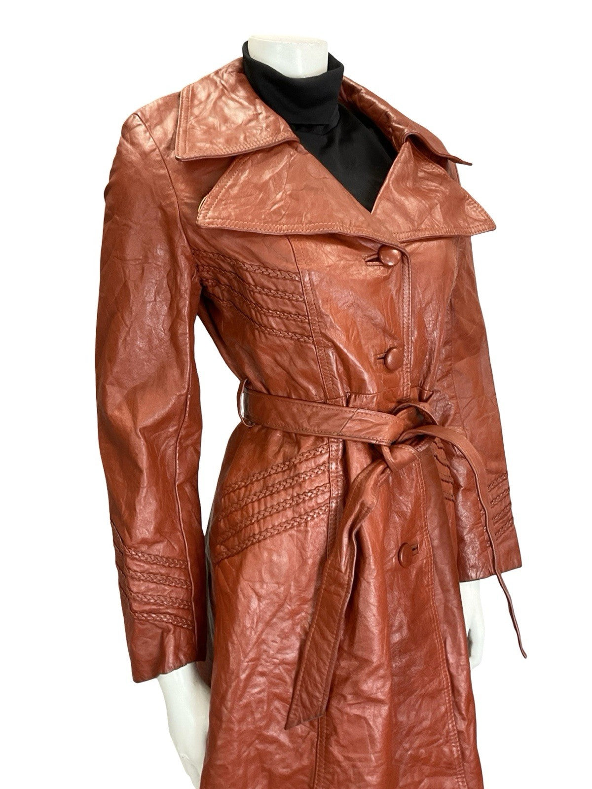 VTG 60S 70S RED BROWN BOHO WESTERN LEATHER PLAITED TRENCH MAC COAT JACKET 10