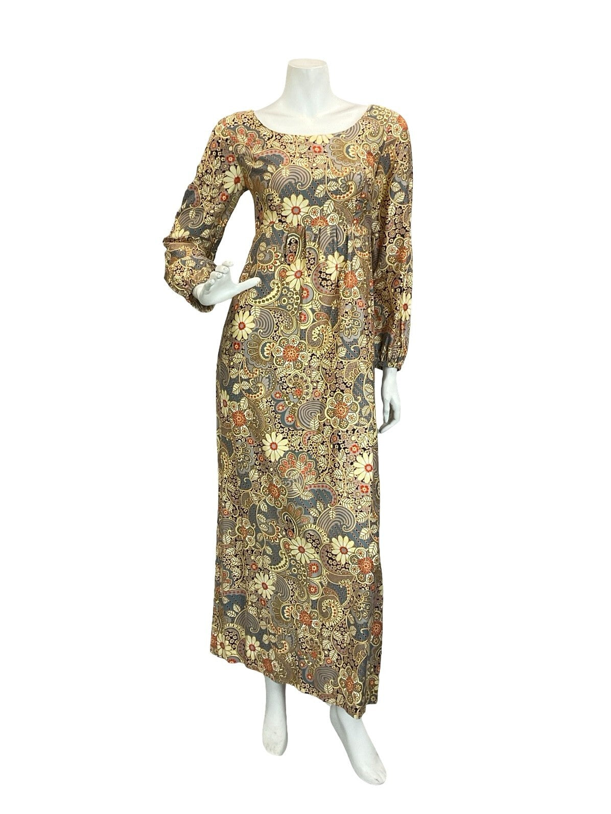 VTG 60S 70S CREAM BLUE RED EMPIRE PSYCHEDELIC SWIRL FLORAL LEAFY MAXI DRESS 8