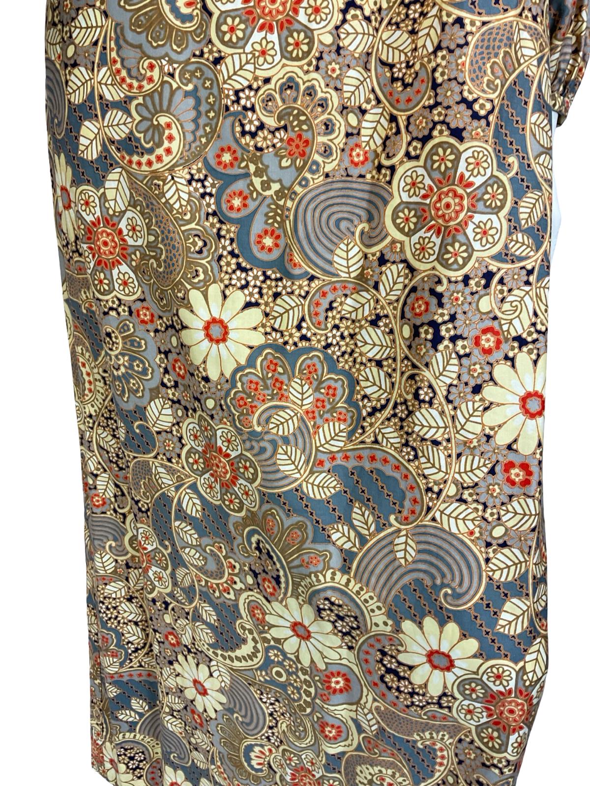VTG 60S 70S CREAM BLUE RED EMPIRE PSYCHEDELIC SWIRL FLORAL LEAFY MAXI DRESS 8
