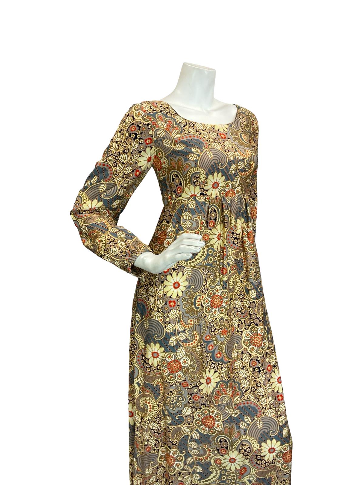 VTG 60S 70S CREAM BLUE RED EMPIRE PSYCHEDELIC SWIRL FLORAL LEAFY MAXI DRESS 8