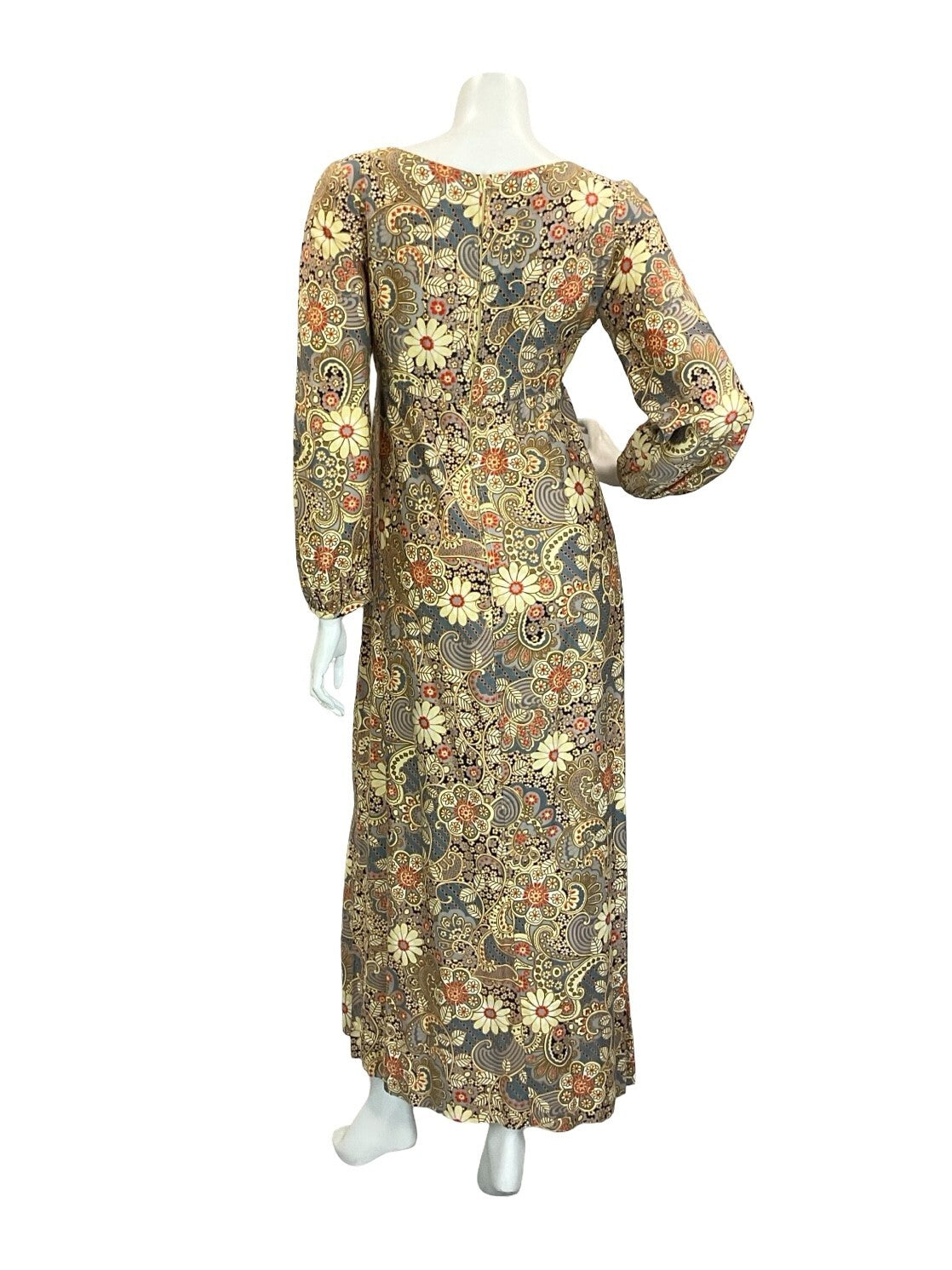 VTG 60S 70S CREAM BLUE RED EMPIRE PSYCHEDELIC SWIRL FLORAL LEAFY MAXI DRESS 8