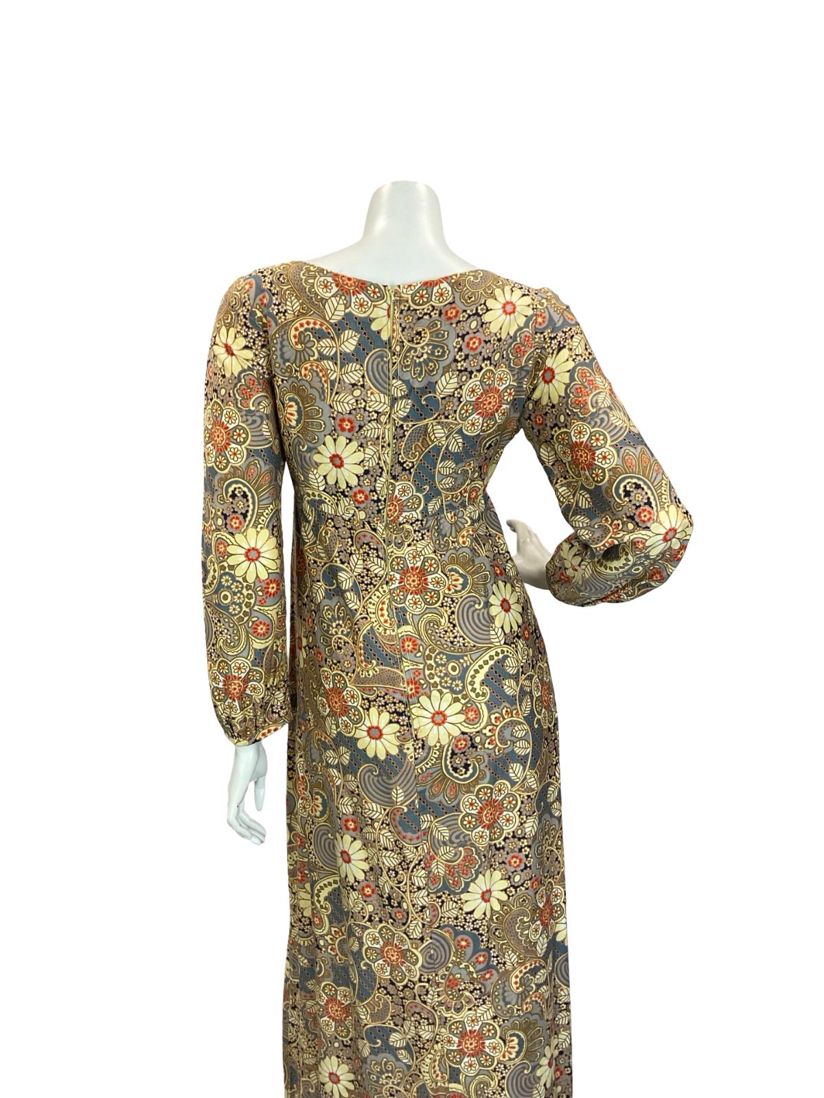 VTG 60S 70S CREAM BLUE RED EMPIRE PSYCHEDELIC SWIRL FLORAL LEAFY MAXI DRESS 8