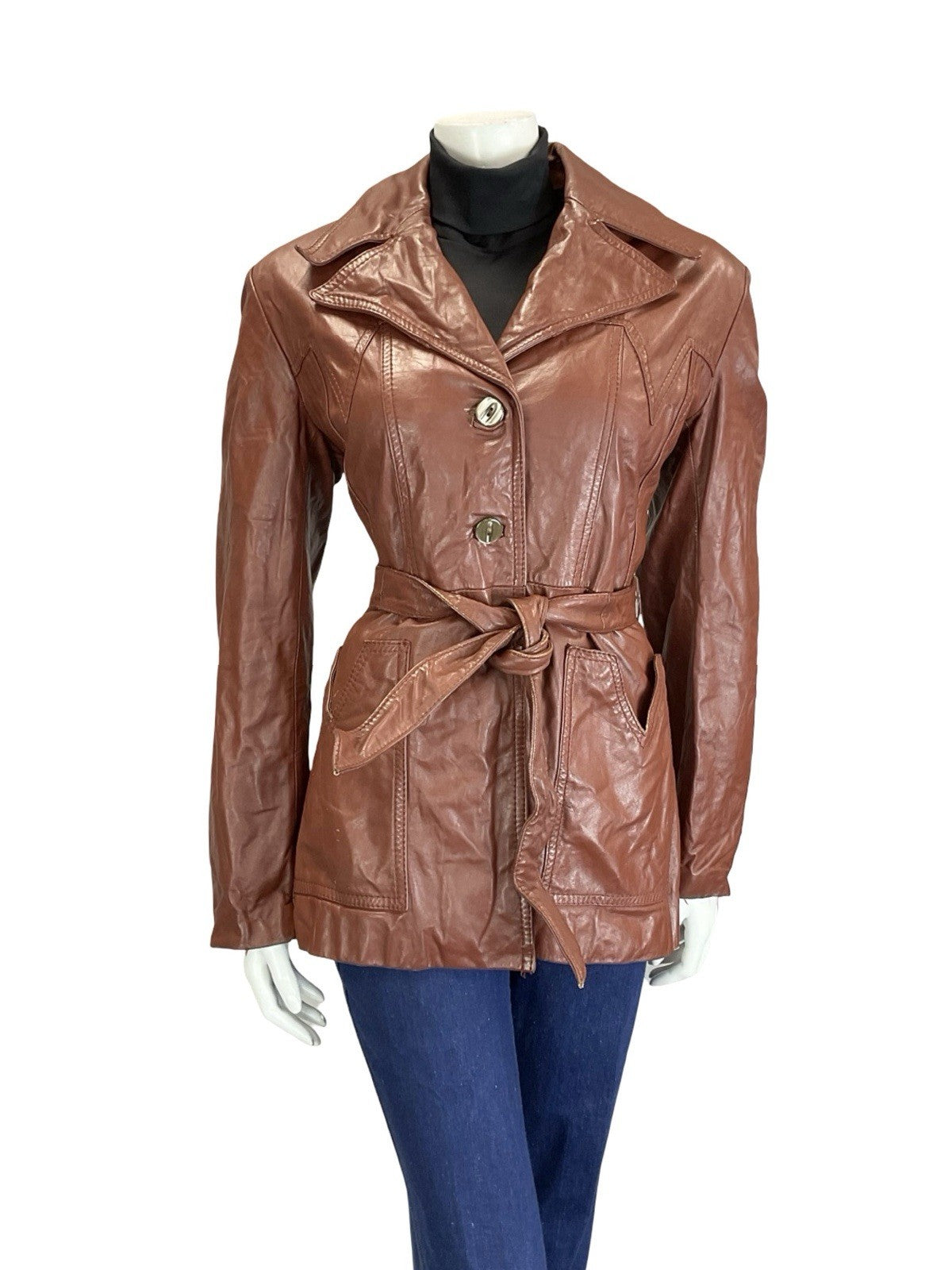 VTG 60S 70S RED BROWN WESTERN BOHO NAPPA LEATHER TIE WASIT JACKET W/ POCKETS 12