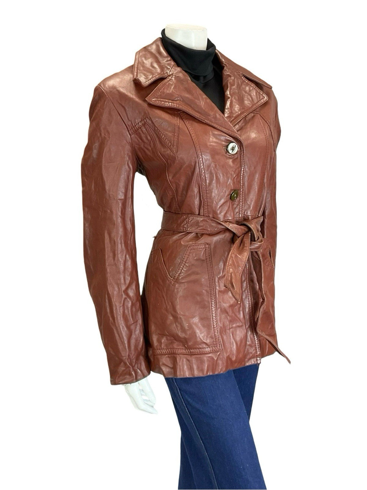 VTG 60S 70S RED BROWN WESTERN BOHO NAPPA LEATHER TIE WASIT JACKET W/ POCKETS 12
