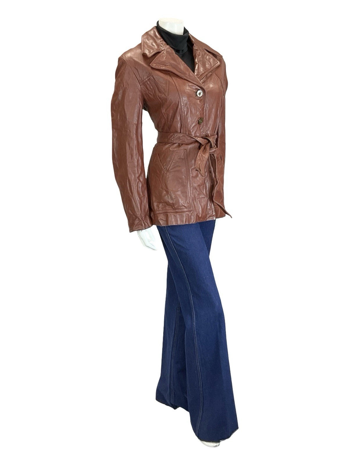 VTG 60S 70S RED BROWN WESTERN BOHO NAPPA LEATHER TIE WASIT JACKET W/ POCKETS 12