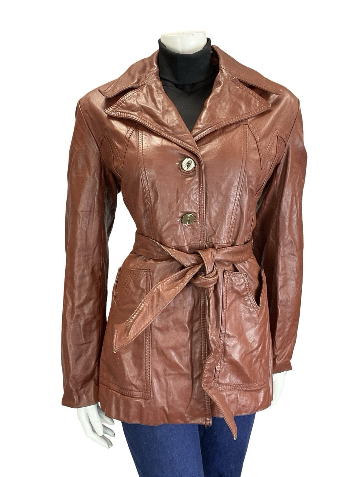 VTG 60S 70S RED BROWN WESTERN BOHO NAPPA LEATHER TIE WASIT JACKET W/ POCKETS 12