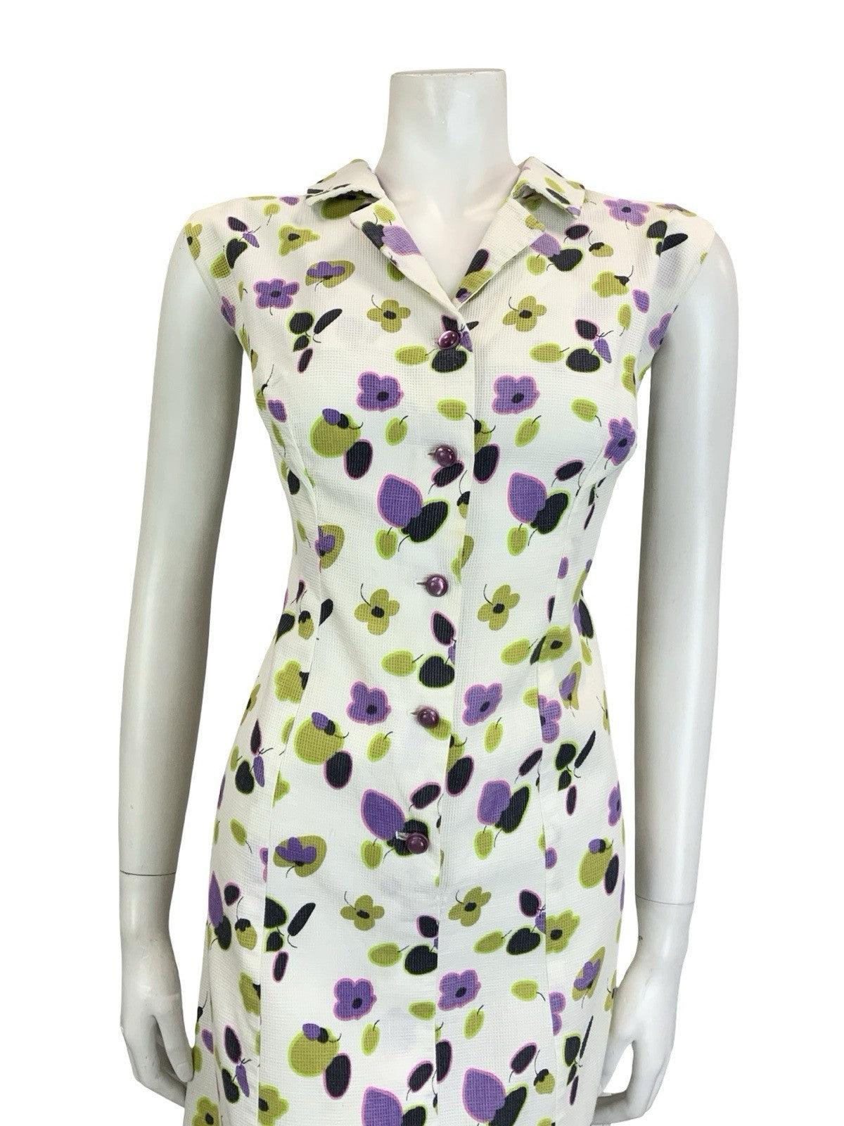 VTG 60S 70S WHITE PURPLE GREEN BLACK FLORAL SLEEVELESS SHIRT DRESS 16 18 L