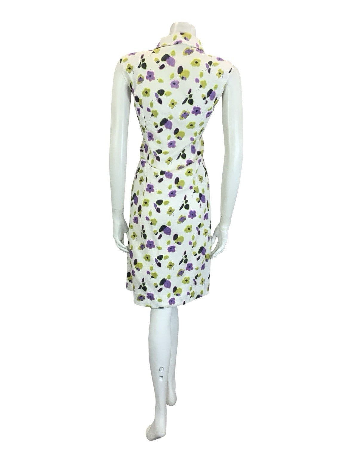 VTG 60S 70S WHITE PURPLE GREEN BLACK FLORAL SLEEVELESS SHIRT DRESS 16 18 L