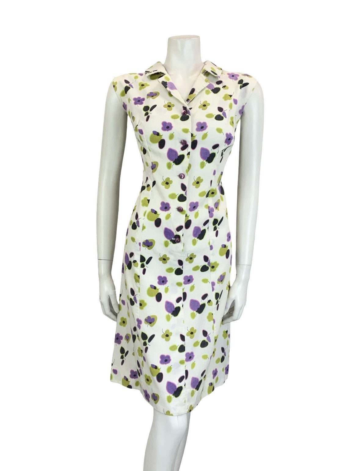 VTG 60S 70S WHITE PURPLE GREEN BLACK FLORAL SLEEVELESS SHIRT DRESS 16 18 L