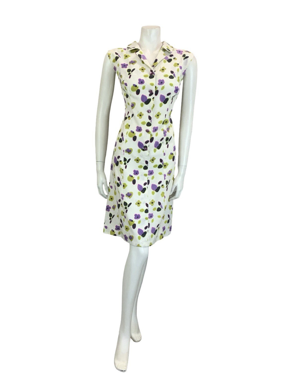 VTG 60S 70S WHITE PURPLE GREEN BLACK FLORAL SLEEVELESS SHIRT DRESS 16 18 L