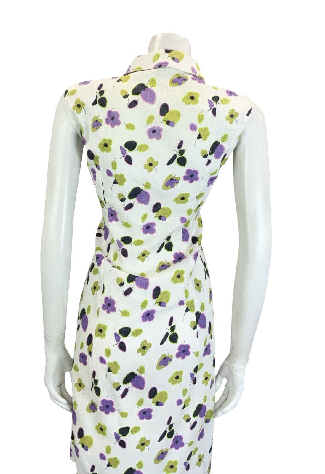 VTG 60S 70S WHITE PURPLE GREEN BLACK FLORAL SLEEVELESS SHIRT DRESS 16 18 L