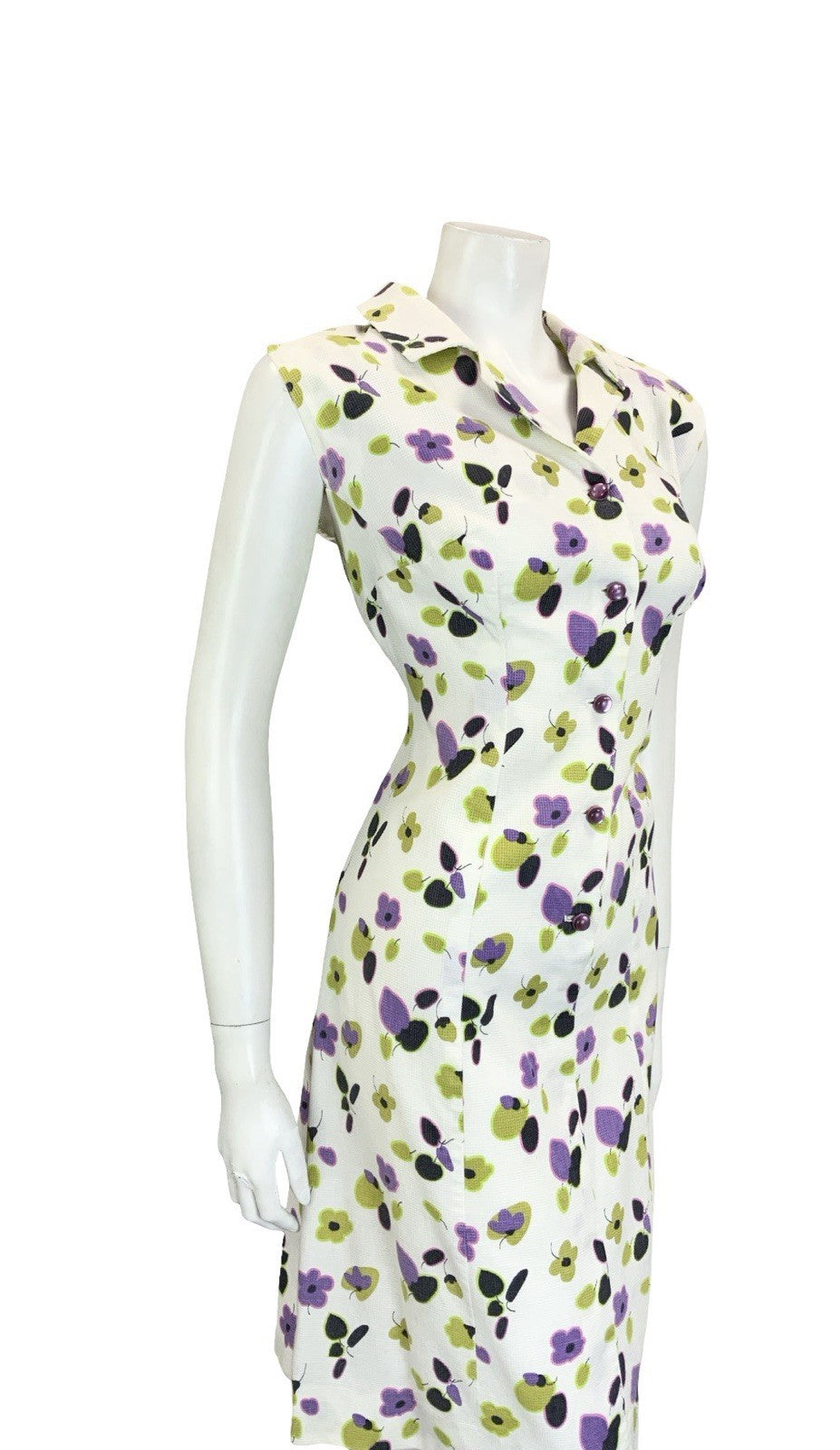 VTG 60S 70S WHITE PURPLE GREEN BLACK FLORAL SLEEVELESS SHIRT DRESS 16 18 L