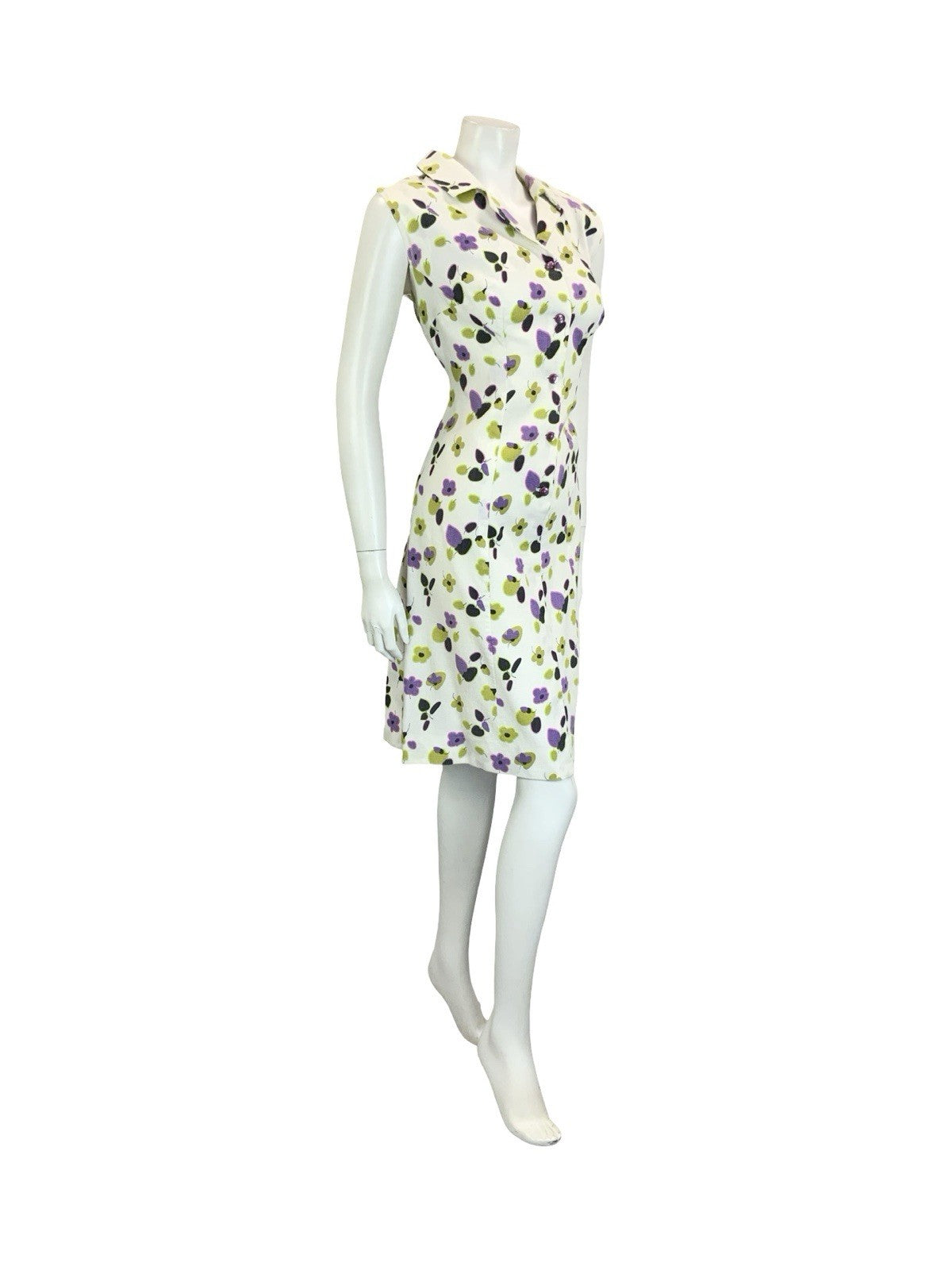VTG 60S 70S WHITE PURPLE GREEN BLACK FLORAL SLEEVELESS SHIRT DRESS 16 18 L