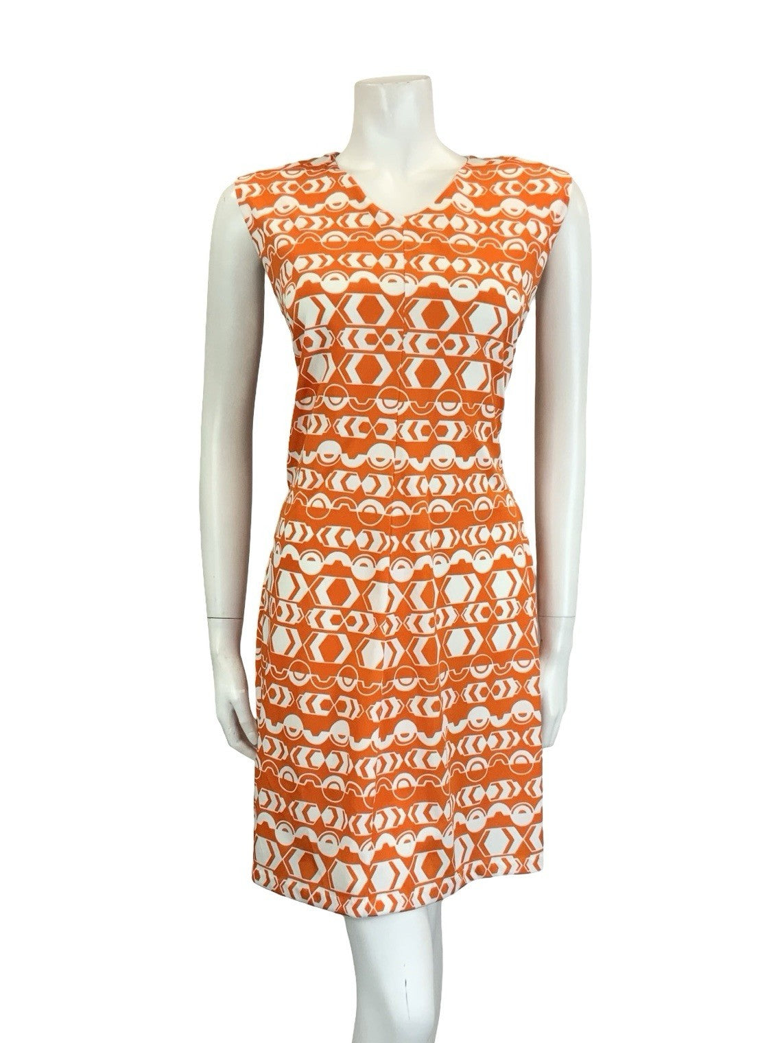 VTG 60S 70S ORANGE WHITE MOD GEOMETRIC V NECK A LINE STRIPE DRESS 10