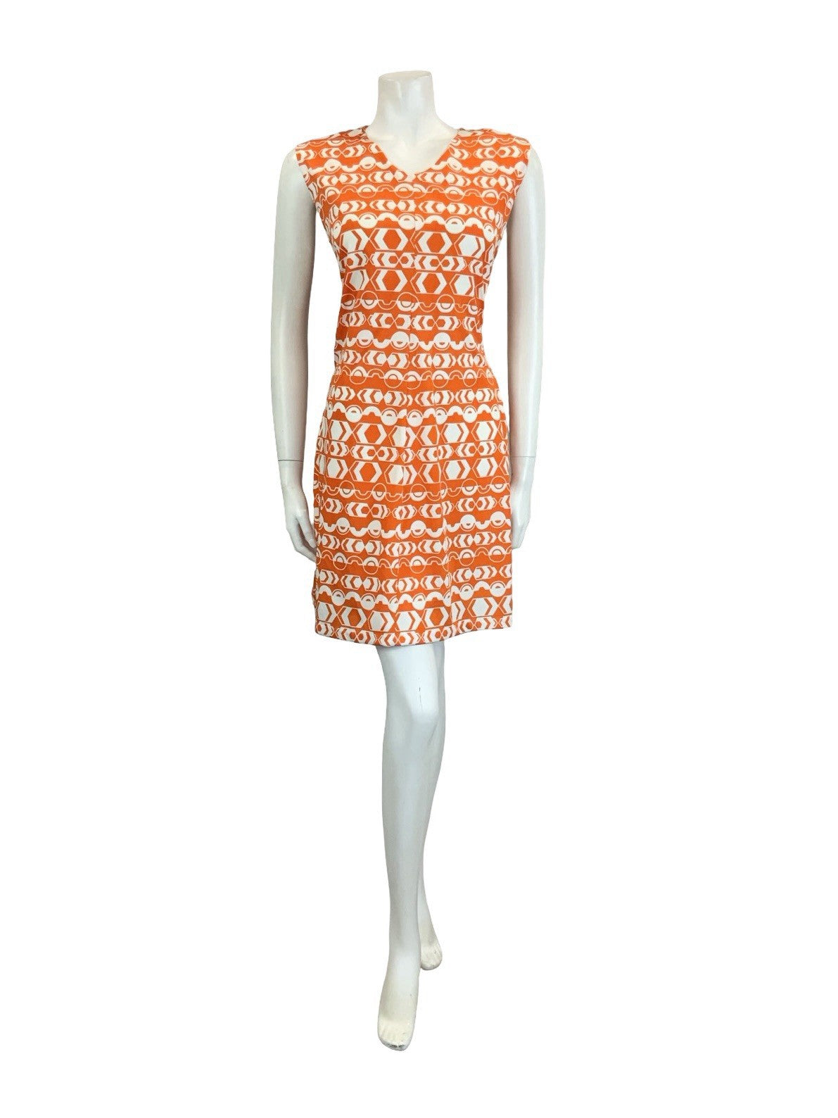 VTG 60S 70S ORANGE WHITE MOD GEOMETRIC V NECK A LINE STRIPE DRESS 10